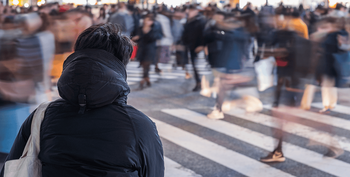 Rear View Man Wearing Warm Clothing Standing Busy Street